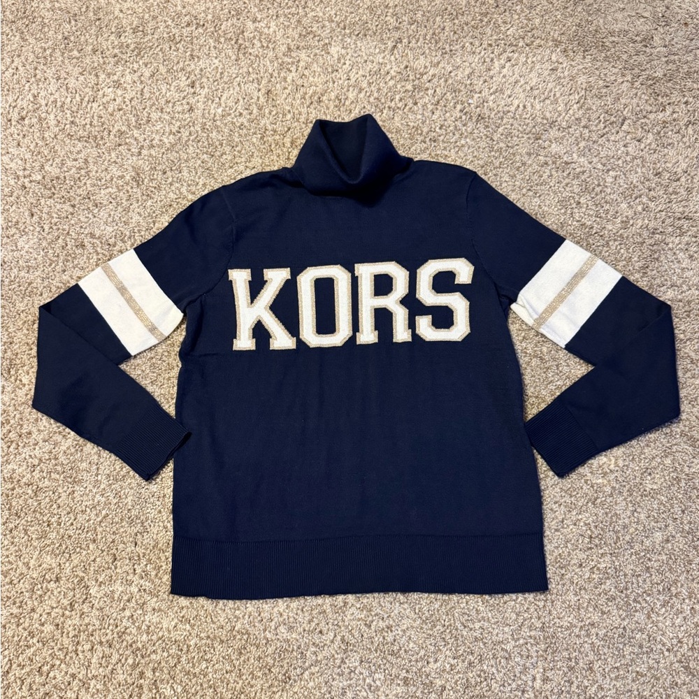 Michael Kors Midnight Blue Logo Turtleneck Sweater Top Size Xs NWT